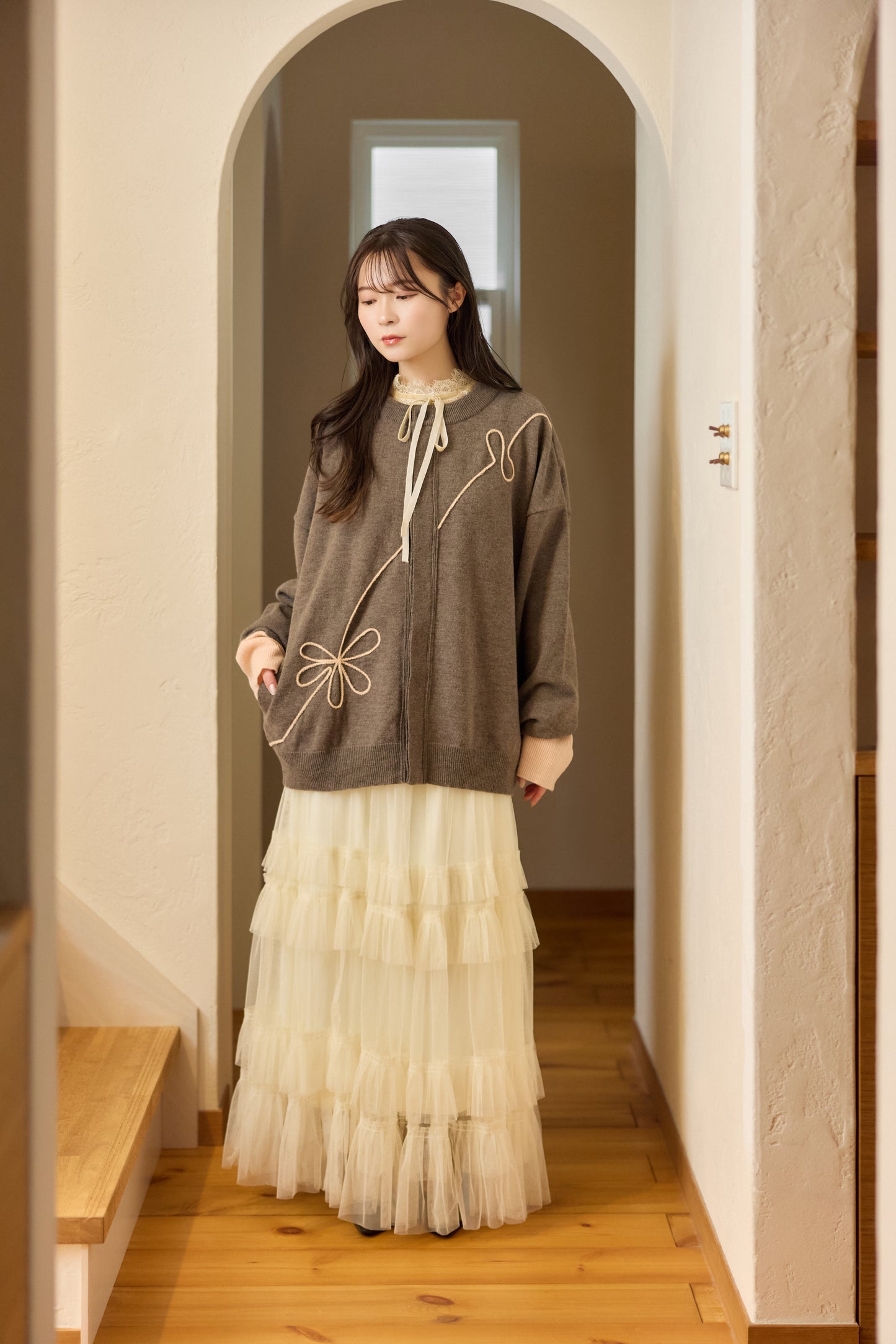 ラメフラワー刺繍2way配色カーディガン