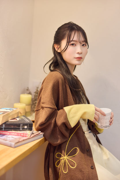 ラメフラワー刺繍2way配色カーディガン