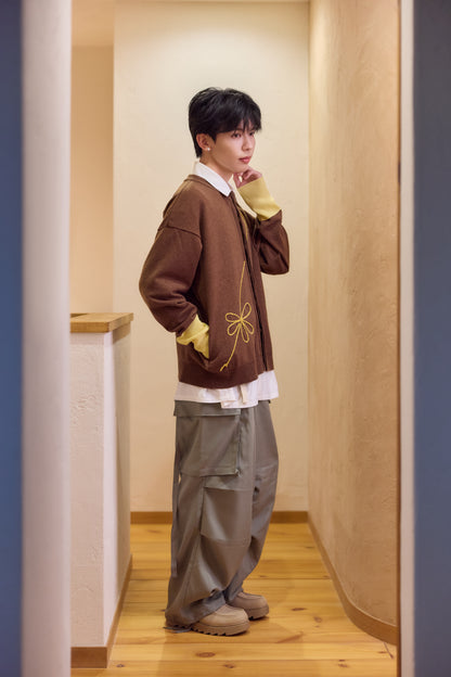 ラメフラワー刺繍2way配色カーディガン