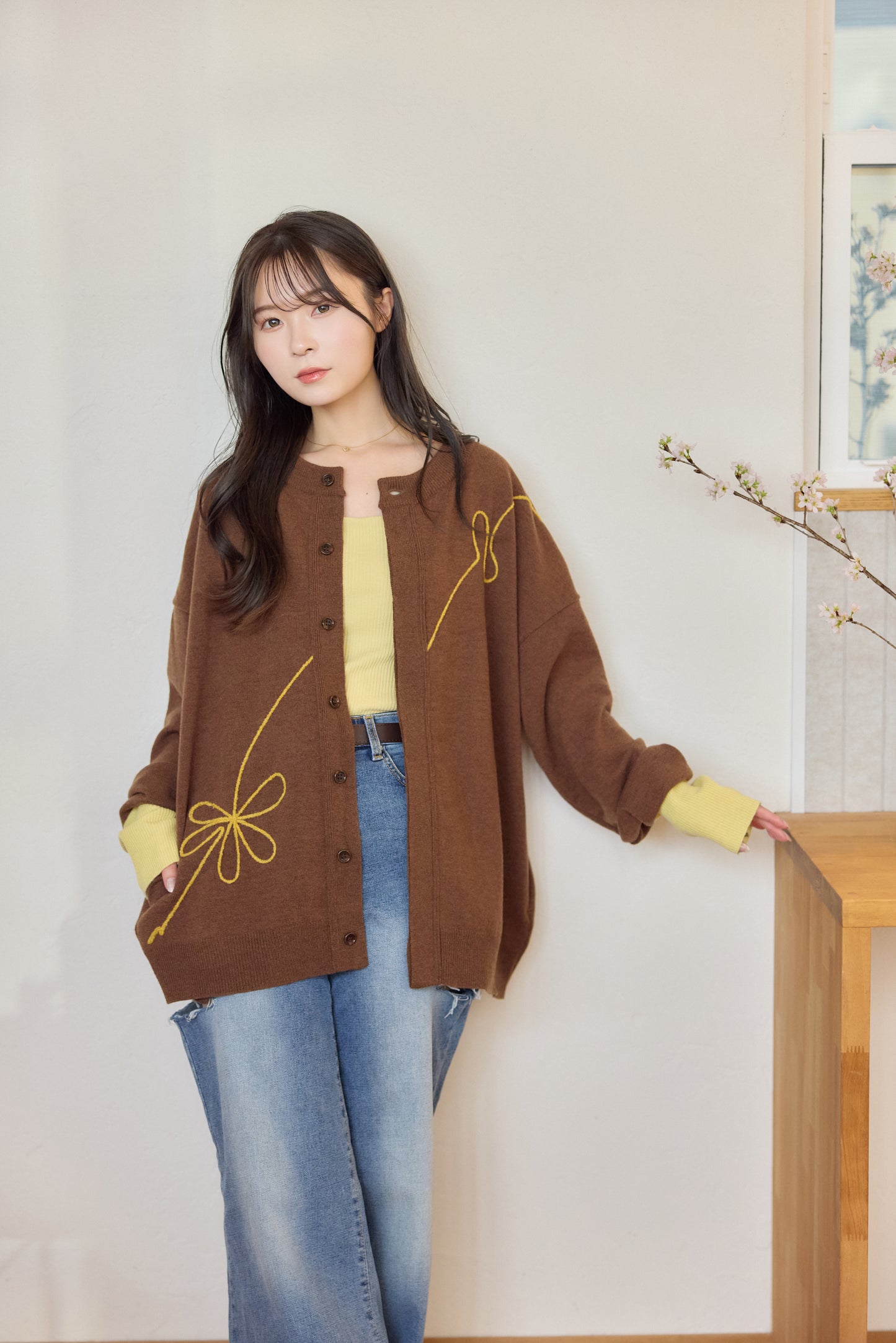 ラメフラワー刺繍2way配色カーディガン