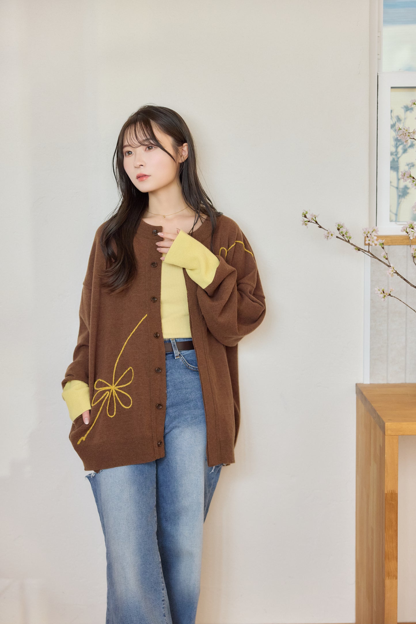 ラメフラワー刺繍2way配色カーディガン