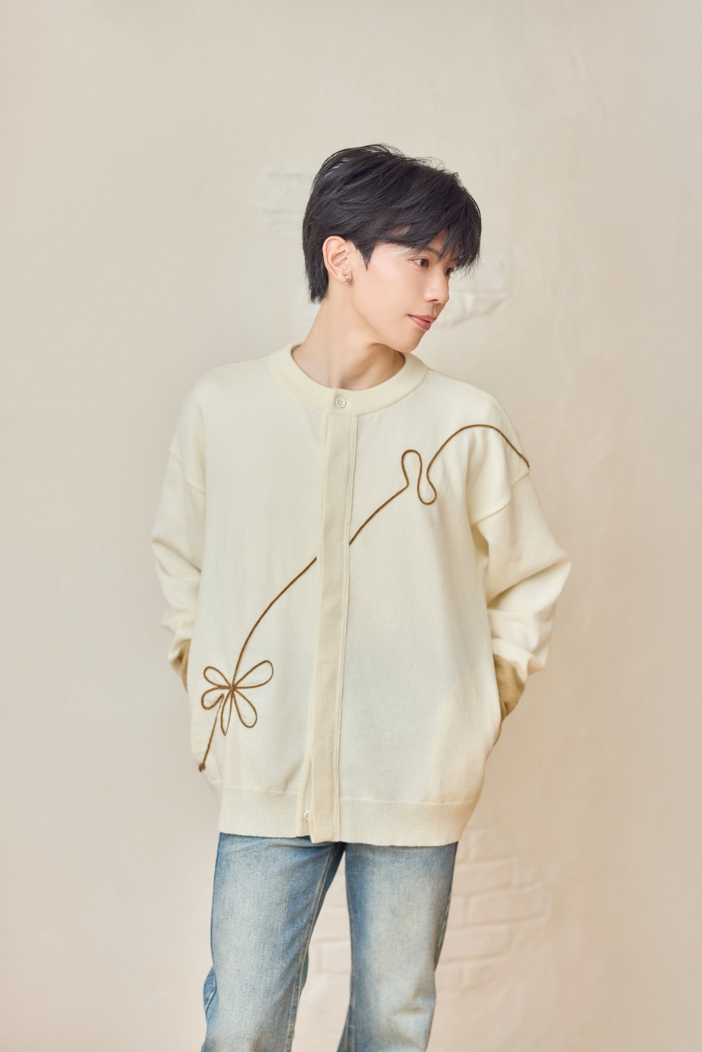 ラメフラワー刺繍2way配色カーディガン