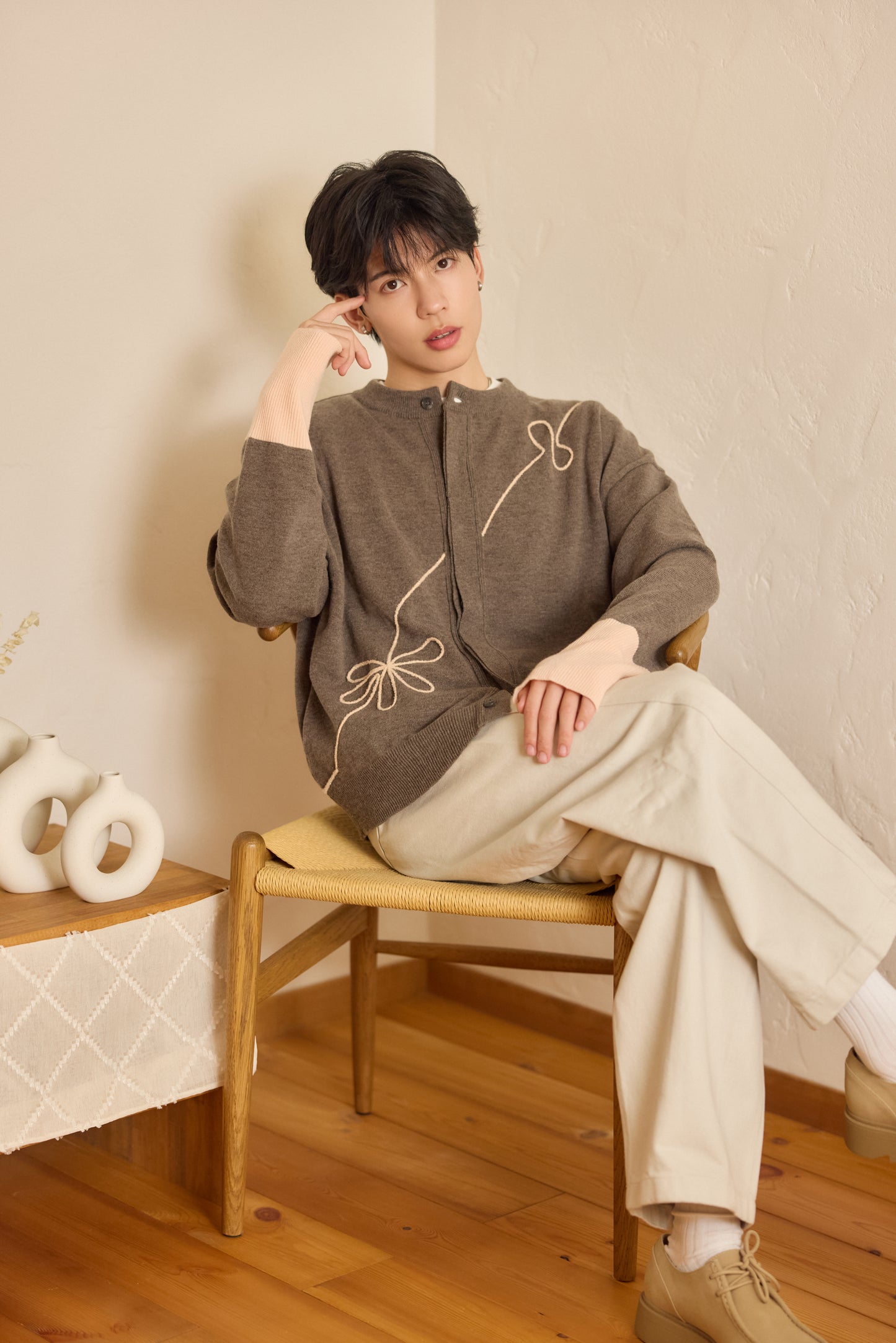 ラメフラワー刺繍2way配色カーディガン