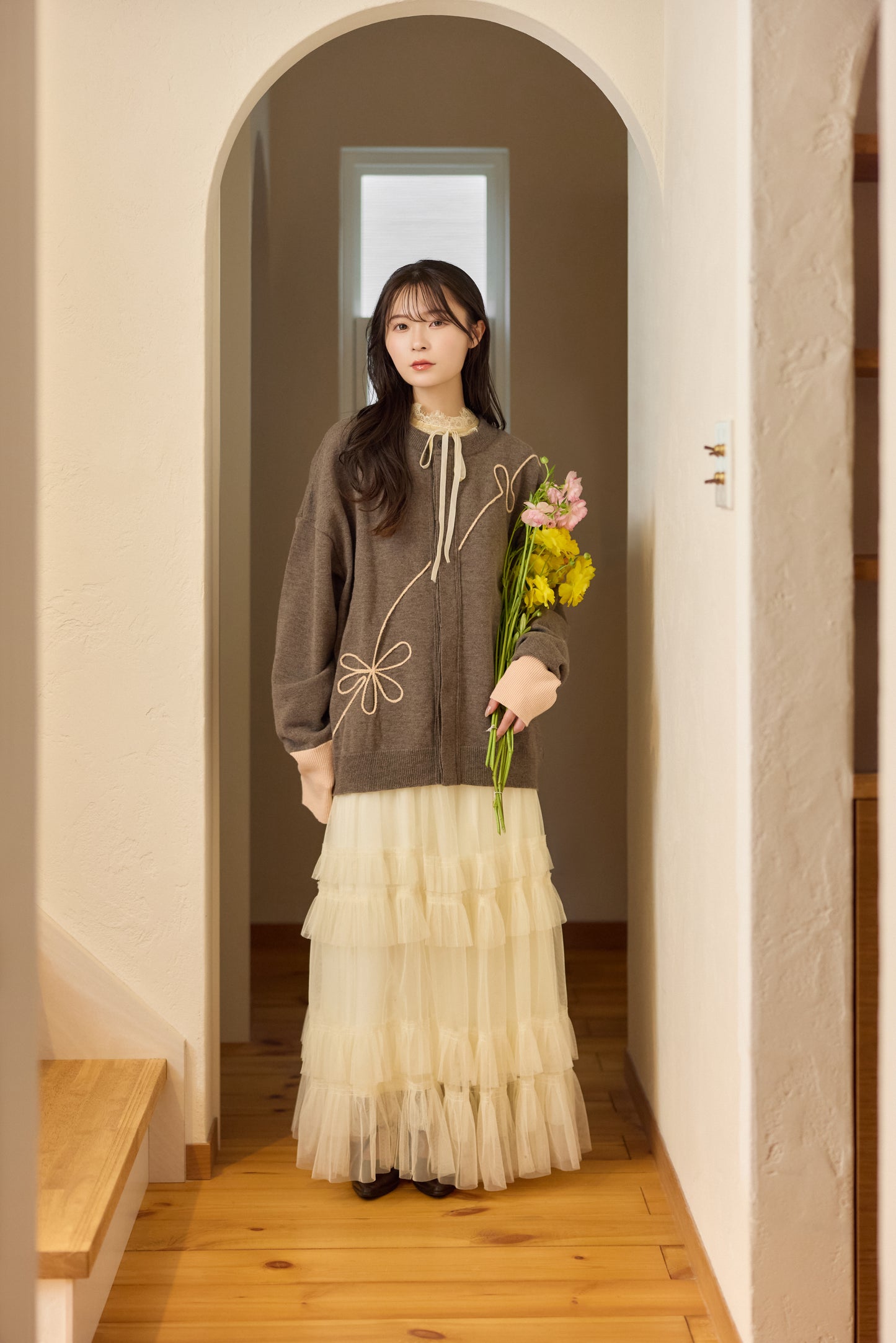 ラメフラワー刺繍2way配色カーディガン