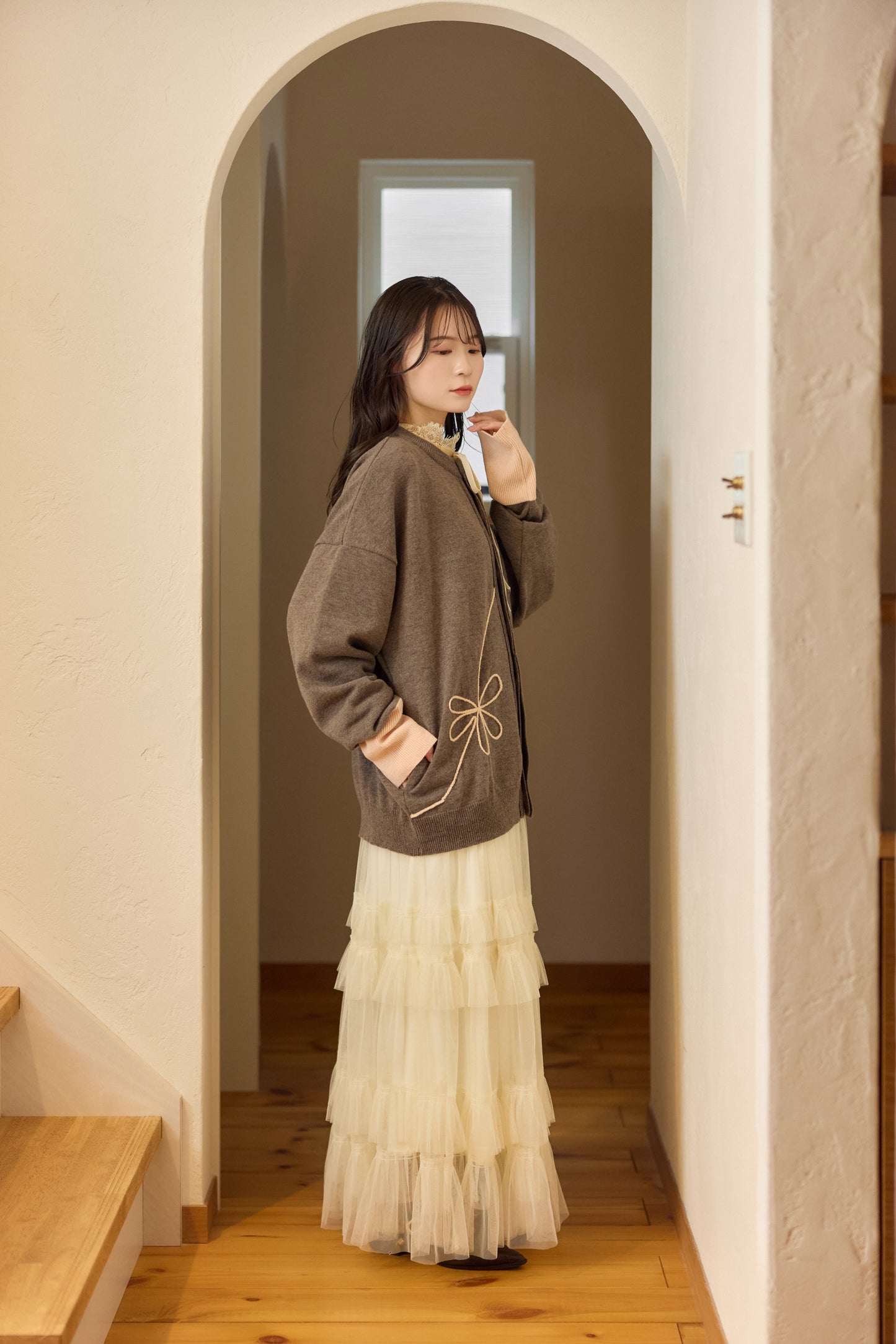 ラメフラワー刺繍2way配色カーディガン