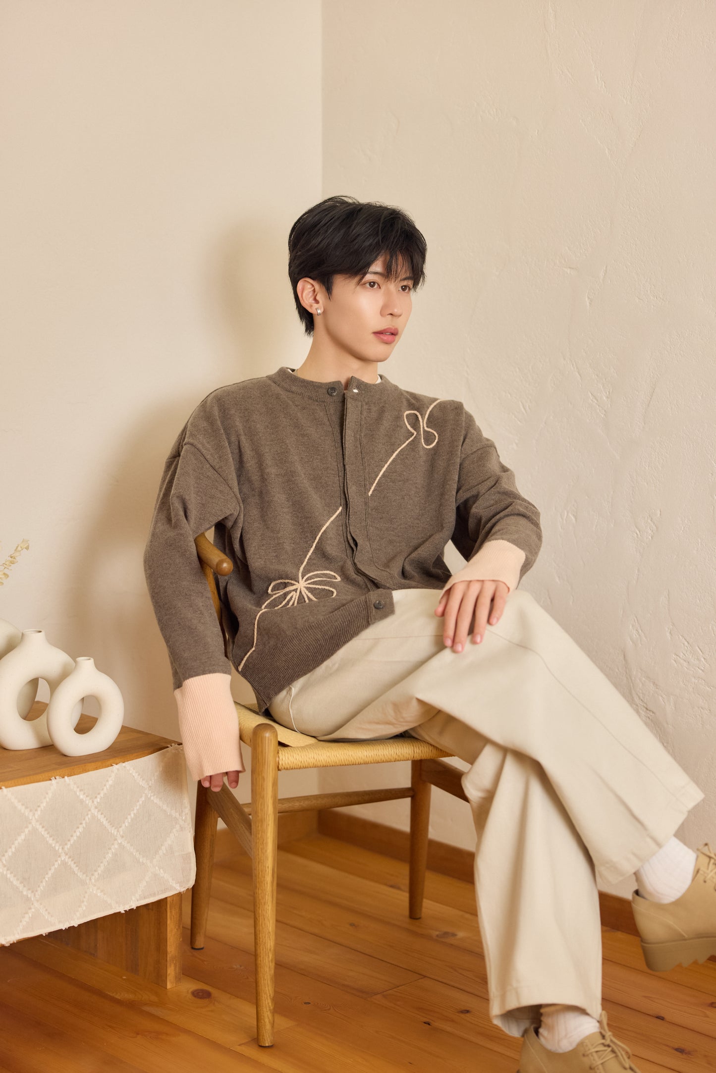 ラメフラワー刺繍2way配色カーディガン